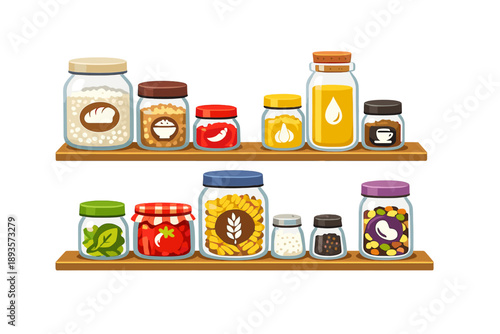 Different jars filled with various food items and ingredients on wooden shelves in a kitchen setting during daytime