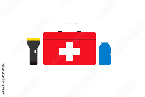 Emergency kit with first aid supplies and flashlight displayed on a plain background for safety preparation