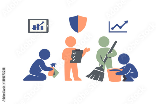 Team members working together on cleaning and planning tasks at an office during the day