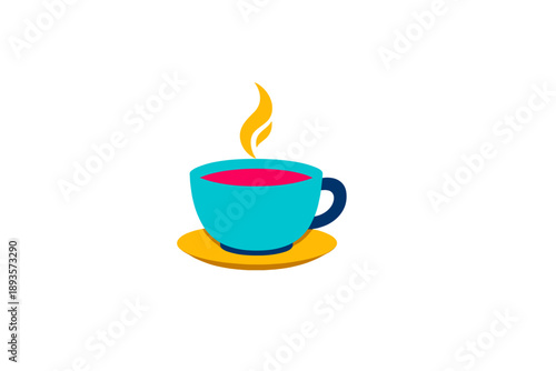 Colorful cup of coffee steaming on yellow saucer with bright colors and simple shapes in digital art style during the morning coffee time