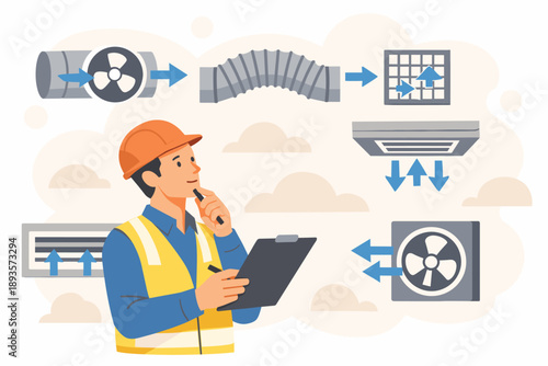 Worker inspects air ventilation system components and makes notes on a clipboard in a workspace
