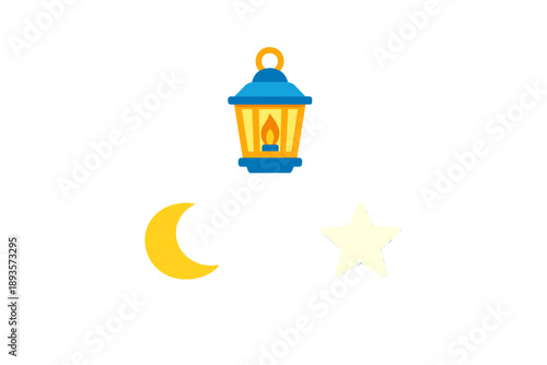 Lantern, moon, and star create a night scene with light elements in simple design on a white background