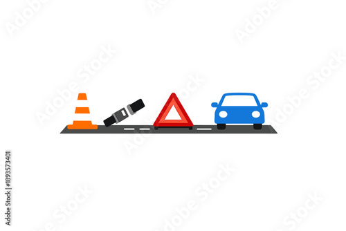 Traffic scene showing a blue car near a warning triangle and safety cones on a road