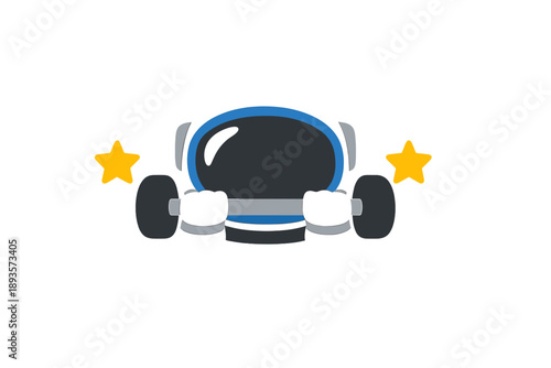 Cartoon astronaut lifting weights in a simple design with stars on a plain background for a playful workout theme