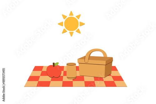 Picnic scene with a red apple, a picnic basket, and a drink under a bright sun on a checkered blanket next to a grassy area