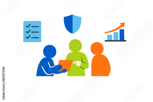 Group of people discussing plans and data in a meeting setting while reviewing documents and charts in an organized workspace