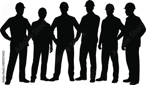 Group of construction worker silhouettes wearing safety helmets isolated on white background for teamwork, industry, labor force concept, minimal vector illustration