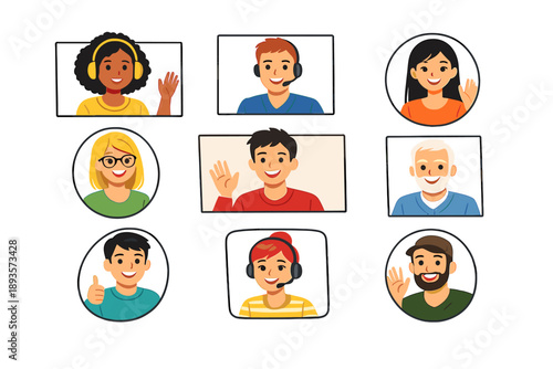 Group of people in video call meeting with different backgrounds showing smiles and interactions during online conversation in the afternoon