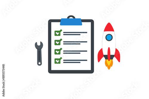 Checklist shows completed tasks next to a rocket and a wrench, symbolizing preparation for a launch