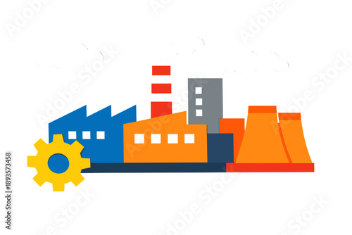 Different types of factories and buildings with smokestacks and clouds at daytime for manufacturing and industrial themes