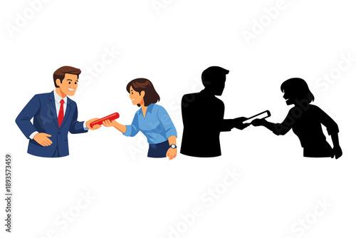 Discussion about importance of teamwork and collaboration in workplace setting with two people exchanging documents