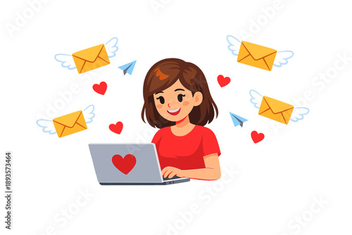 Girl typing on laptop and sending messages with hearts and envelopes around in digital communication