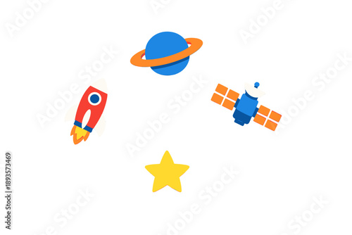Space theme with rocket, planet, satellite, and star in simple design on white background