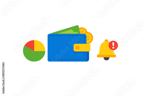 Wallet with cash and coins next to a pie chart and a notification bell indicating a financial alert
