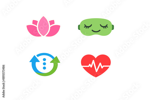 Wellness symbols representing relaxation, sleep, and health in a simple design suitable for various applications on a clean white background