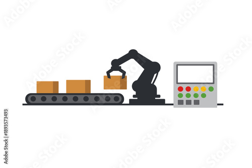 Robot arm moves boxes on a conveyor belt in a factory during the day while a control panel displays buttons and controls next to the line