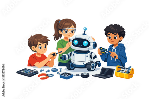 Children build a robot while working together at a table during a weekend activity focusing on robotics and technology in a classroom setting