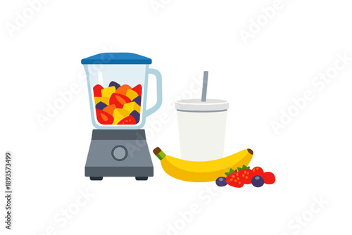 Blender with fruits and smoothie cup on a table in a kitchen during daytime
