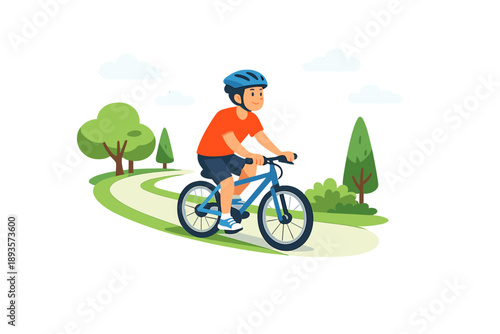 Boy riding a bicycle on a path in a park with trees and bushes during the day