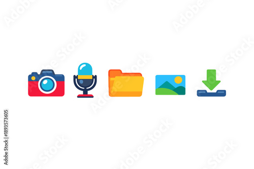 Different icons for media creation and sharing including a camera, microphone, folder, image, and download button used in a digital context
