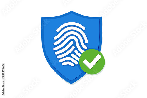 Security badge with fingerprint symbol and check mark on a blue background indicating data protection and safety online in a digital environment