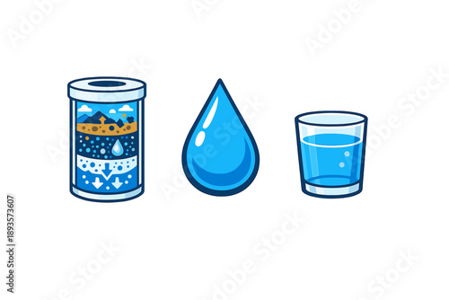 Water purification process shows filter, droplet, and clean water in a simple graphic that illustrates how water is cleaned for drinking and usage