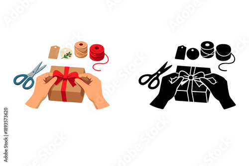 Hands wrap a gift using scissors, ribbons, and tags in a crafting activity during daytime at a home workspace