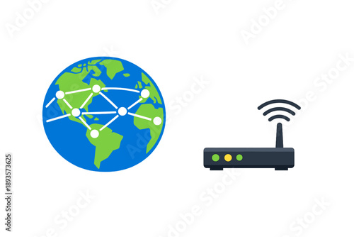 Network connections and a wireless router showing the setup of internet access in a global context