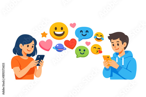 Young people share emotions through their smartphones while sending messages in a digital space filled with emojis and icons