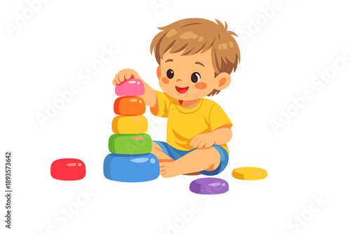 Child plays with stacking toys on white background while focusing on building a colorful tower with bright shapes during playtime at home