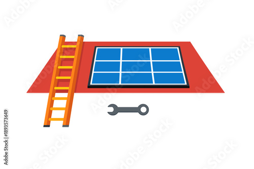 Workers install solar panels on the roof using a ladder and tools during daylight in a residential area in a city