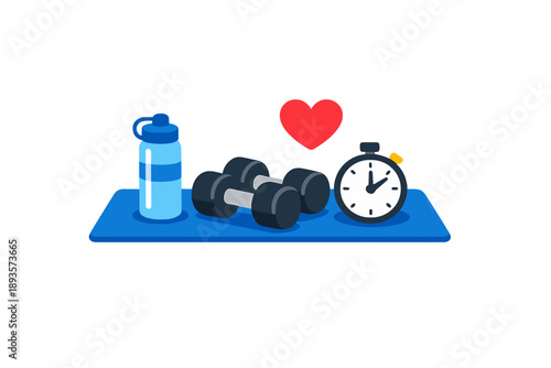 Gym equipment setup includes dumbbells, water bottle, stopwatch, and heart symbol on blue mat during fitness session