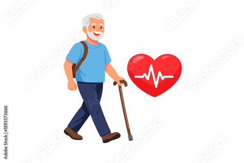 Elderly man walks with cane while heart symbol shows health, promoting exercise and wellness for seniors