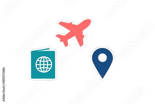 Travel planning involves passport, airplane icon, and location marker symbolizing journey preparation and adventure ahead