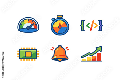 Icons represent different aspects of technology and data management such as performance, time tracking, coding, processing, notifications, and analytics