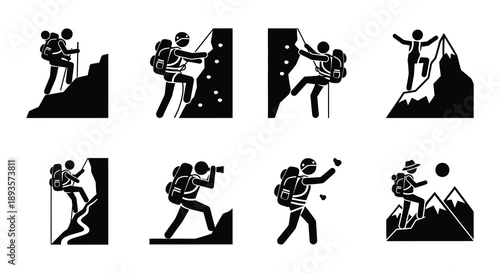 Pictograms depicting various stages of mountain climbing and hiking activities