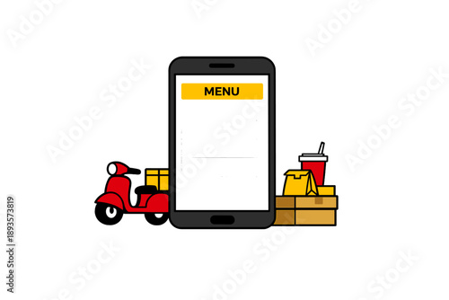 Delivery service shows smartphone with menu alongside scooter and food items for online ordering in a modern setting