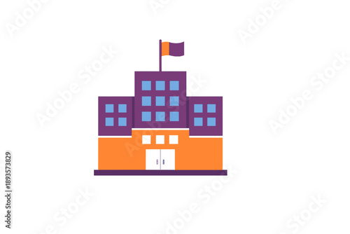 Building with flag waving on top, located in a city setting, showcasing a mix of colors and design elements, representing modern architecture in the day time