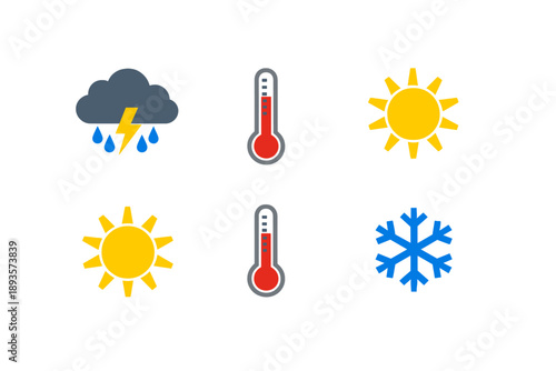 Weather icons showing rain, sun, and snow with thermometers indicating temperature changes throughout the seasons in a simple graphic layout