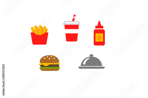 Fast food items including fries, a burger, a drink, and mustard placed on a plain background showcasing popular meal choices