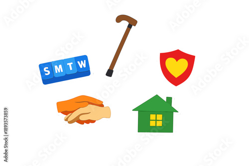 Different symbols representing community support and care for individuals in need during various days of the week and special situations