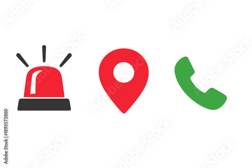 Emergency alert signal showing a siren, a location marker, and a phone icon for quick communication and response