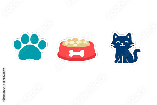 Pet icons display showing a paw print, a food bowl with food, and a cat character, representing pets and their needs