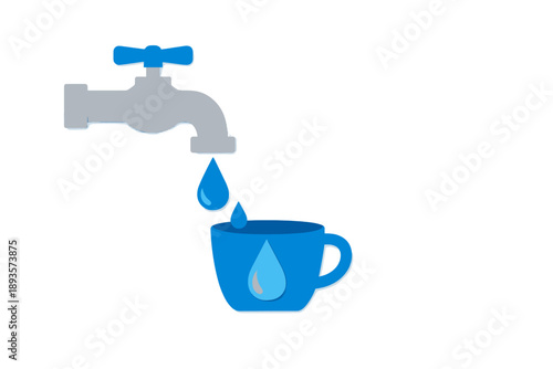 Water drops from a tap into a blue cup on a white background showing a simple scene of water collection
