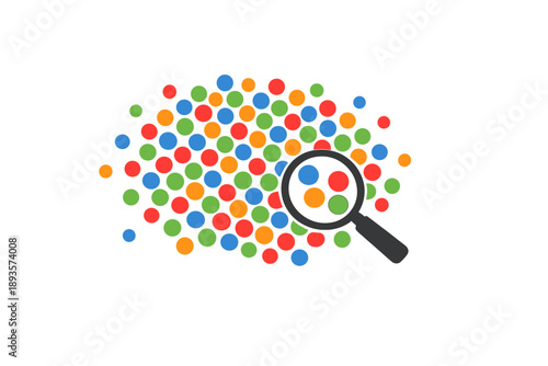 Colorful dots with a magnifying glass focusing on a group in a pattern, showing elements of search and discovery in a playful design