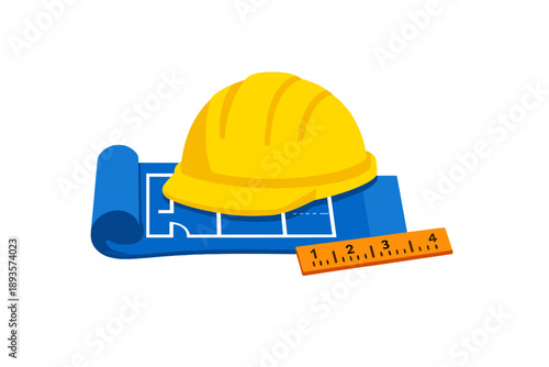 Construction tools placed on blueprint for building project during work hours at a construction site in an urban area