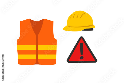 Construction safety gear includes a safety vest, hard hat, and warning sign for workers at a job site during the day