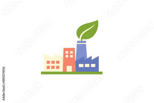 Eco-friendly factory design shows buildings with green leaves on top in a simple and colorful style, promoting sustainability in industry