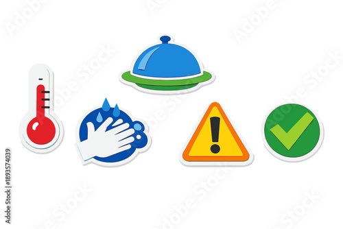 Safety signs for food handling and hygiene in a restaurant kitchen setting during a training session for staff members focusing on health practices