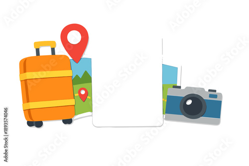 Travel planning tools including a suitcase, camera, maps, and location pins for planning trips during vacations or adventures